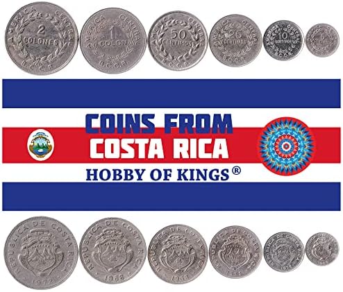 6 מטבעות מקוסטה ריקה | אוסף סט מטבעות טיקו של קוסטה ריקה טיקו 5 10 25 50 50 סנטימוס 1 2 קולונים | הופץ 1965-1980 | זר לורל | ספינה | כוכבים | הַר גַעַשׁ